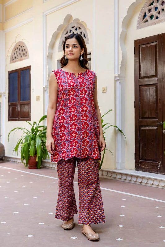 Rani- Stylish Red Printed Sleeveless Kurta Set with Palazzo Pants
