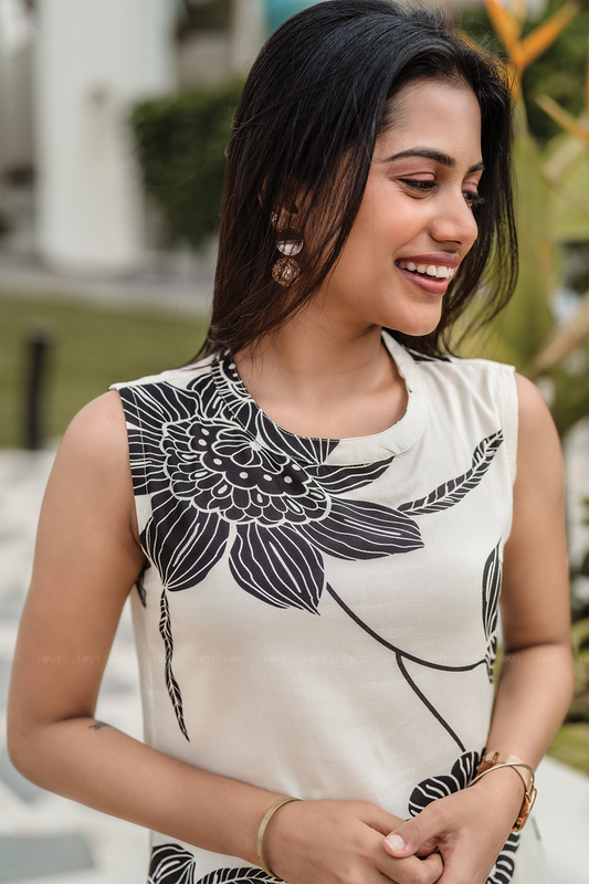 Kali- Beige Floral Printed Sleeveless A-Line Maxi Dress