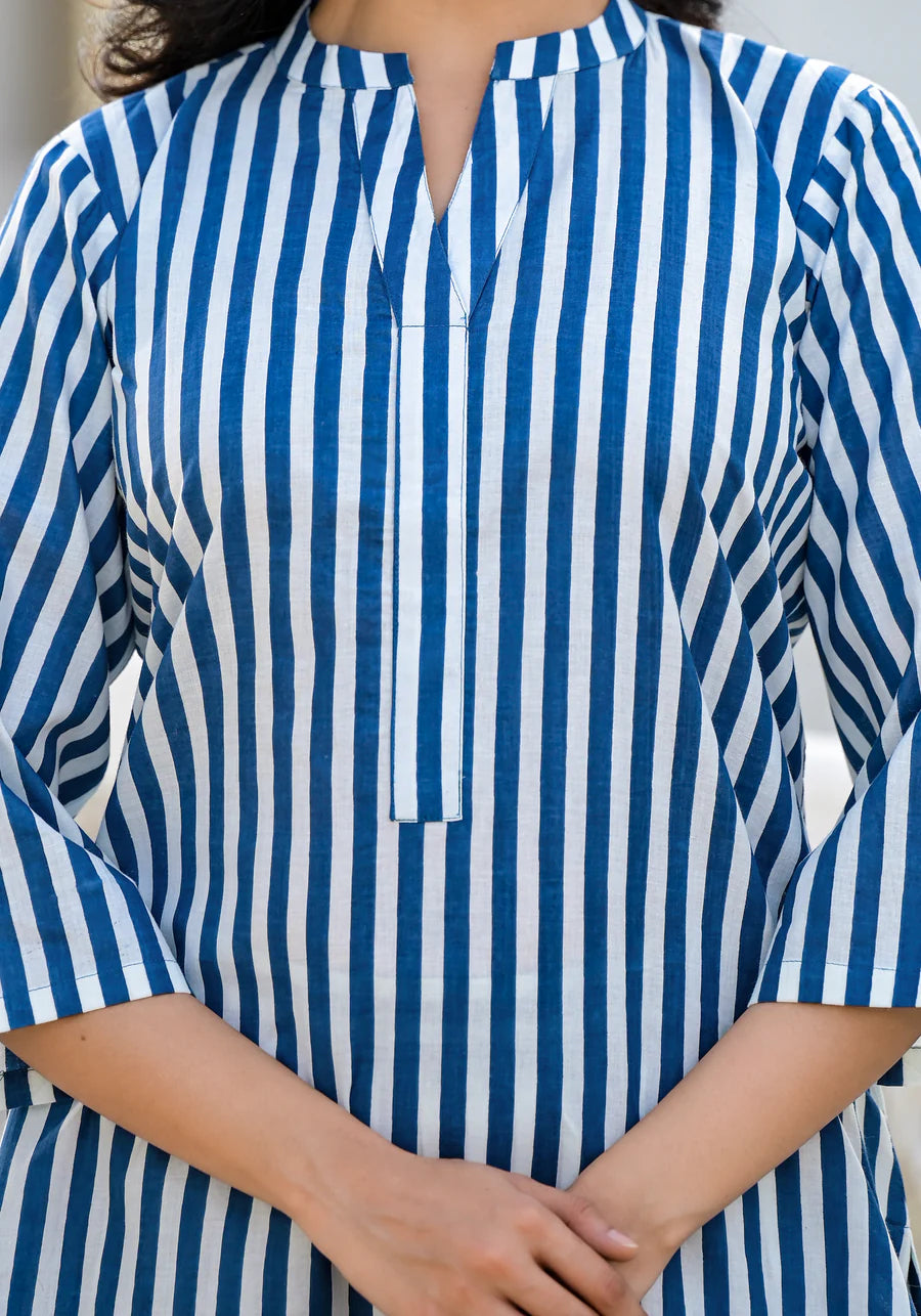 Stylish Blue & White Striped Kurta Set with Pants