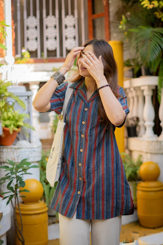 Indu- Ajrakh Indigo Red Stripe Shirt Kurti