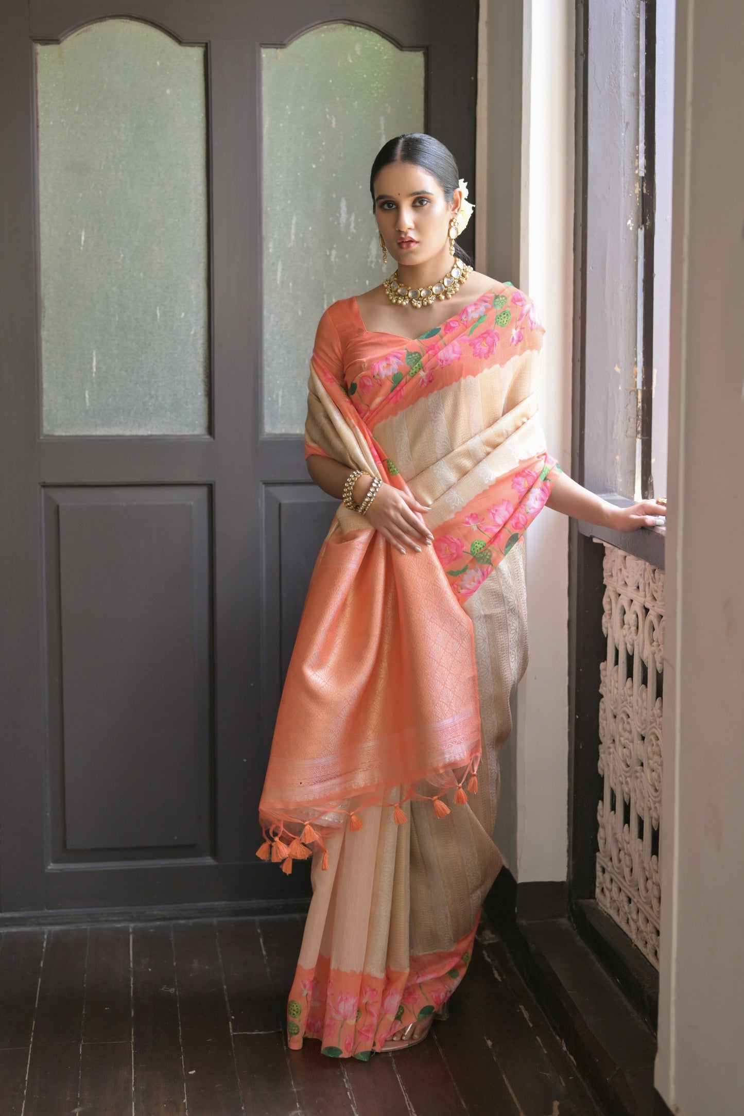 Gulabo- Floral printed Muga saree with printed border