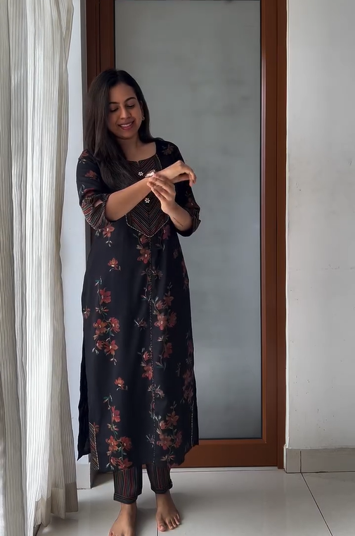 Kala- Black Floral & Embllished Kurta with Striped Pant