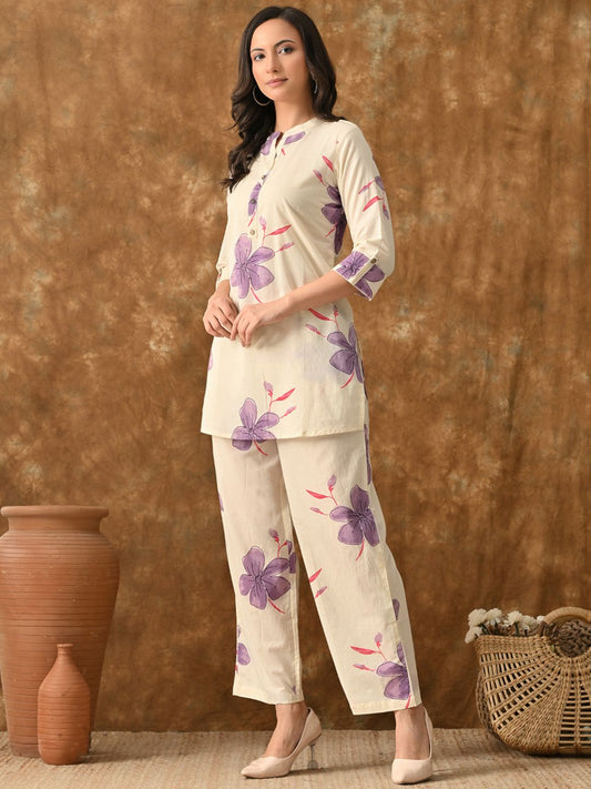 Pepi- Off-White & Purple Floral Printed Cotton Co-Ord Set