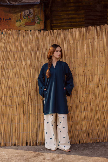 Vayu- Women kurti set navy blue kurti, kurti palazzo set heart print palazzo