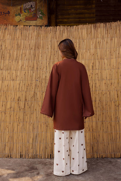 Pechi- Brown Solid Straight Kurti with Off-White Heart Print Palazzo Pants
