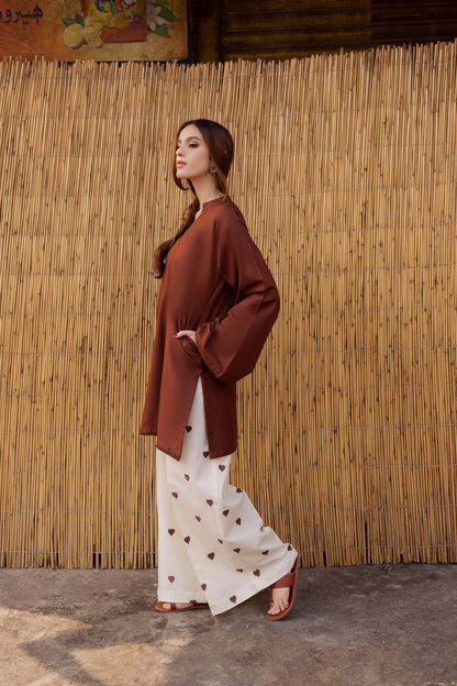Pechi- Brown Solid Straight Kurti with Off-White Heart Print Palazzo Pants
