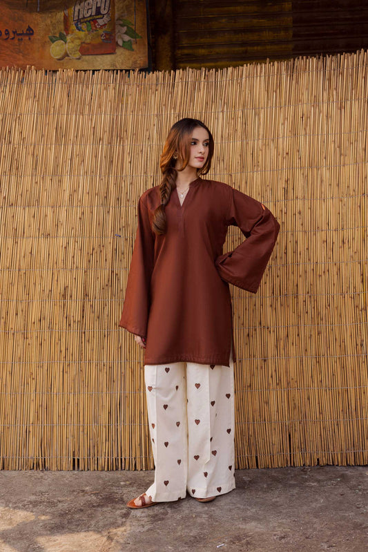 Pechi- Brown Solid Straight Kurti with Off-White Heart Print Palazzo Pants