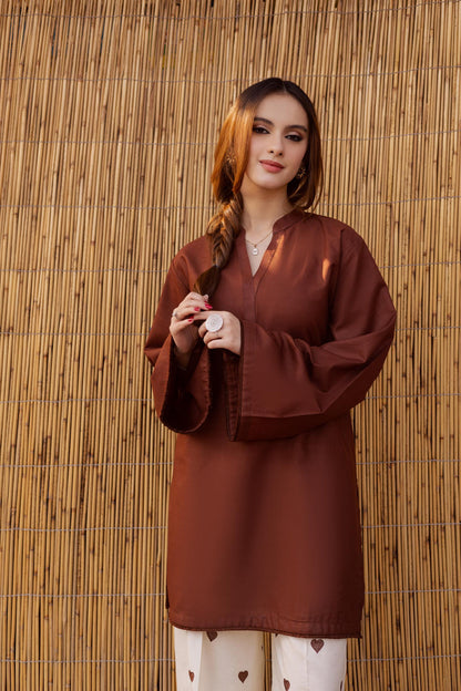 Pechi- Brown Solid Straight Kurti with Off-White Heart Print Palazzo Pants
