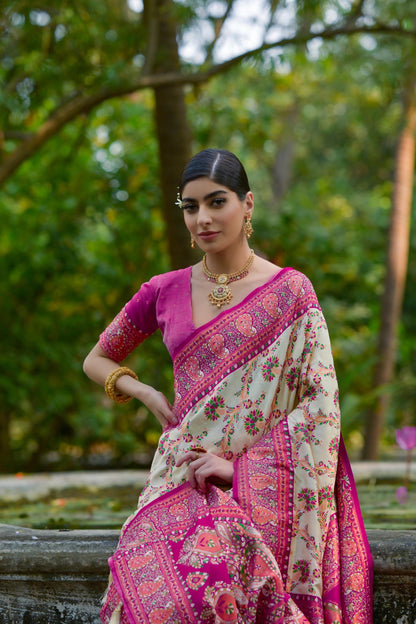 Meer- Elegant Cream & Magenta Banarasi Silk Saree with Intricate Floral Weave