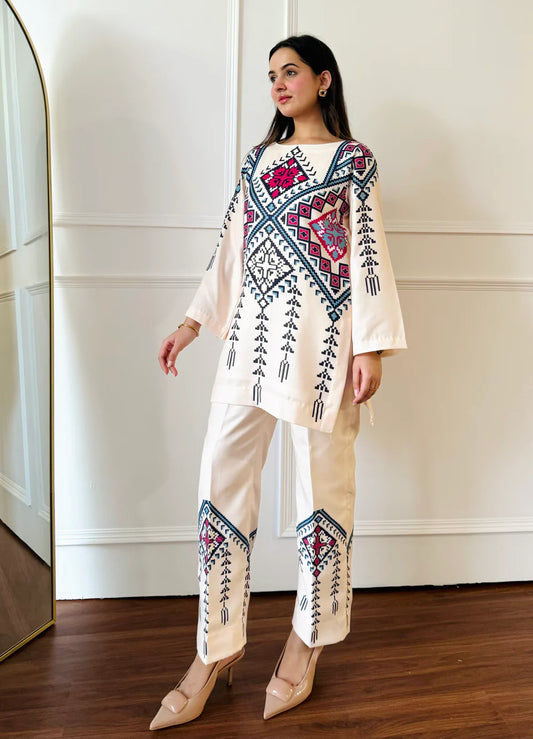 Kashni- Cream Printed Kurta Pant Co-Ord Set with Geometric Ethnic Motifs
