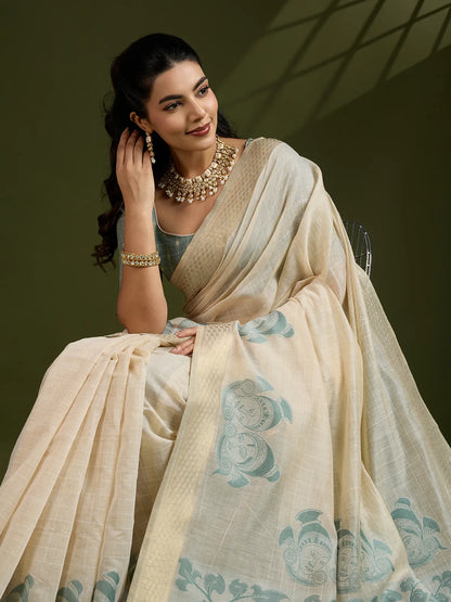 Morni- Elegant Handwoven Muga Cotton Saree with Pastel Motifs