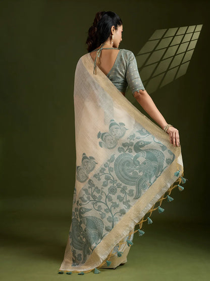 Morni- Elegant Handwoven Muga Cotton Saree with Pastel Motifs
