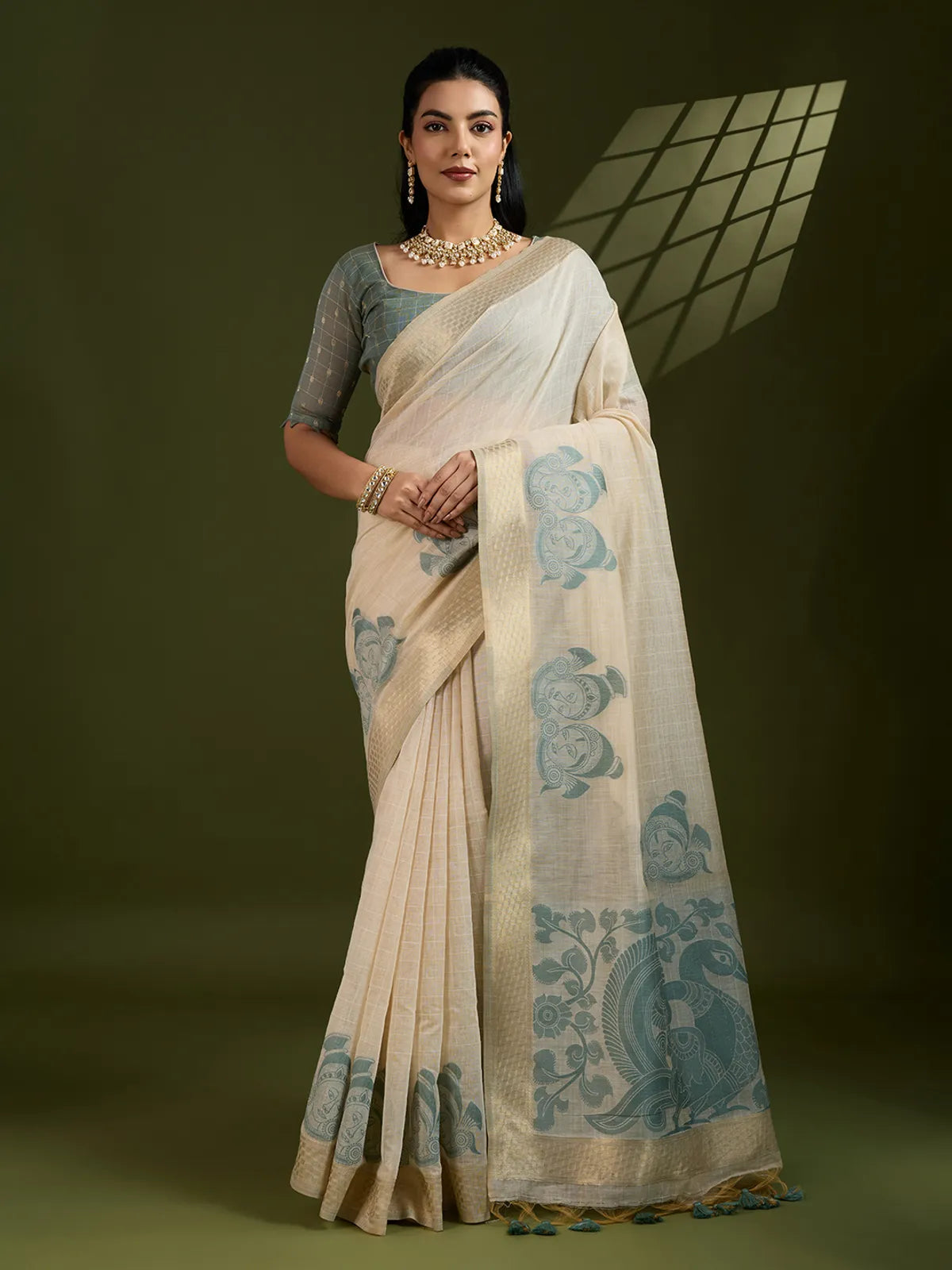Morni- Elegant Handwoven Muga Cotton Saree with Pastel Motifs