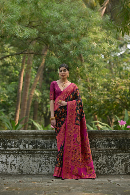 Meer- Elegant Cream & Magenta Banarasi Silk Saree with Intricate Floral Weave