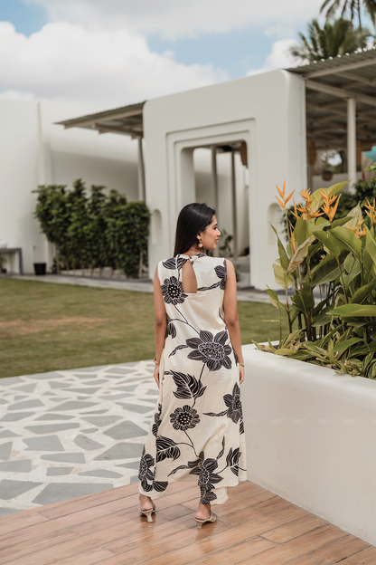 Kali- Beige Floral Printed Sleeveless A-Line Maxi Dress