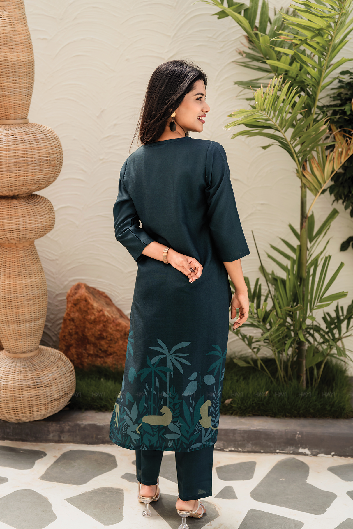 Zoya- Deep Teal Nature Print Kurti Set