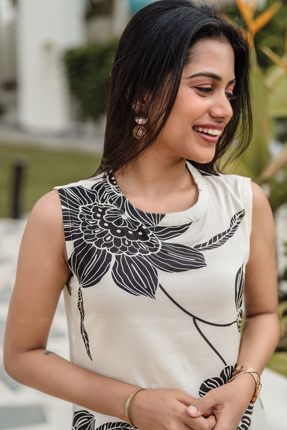 Kali- Beige Floral Printed Sleeveless A-Line Maxi Dress