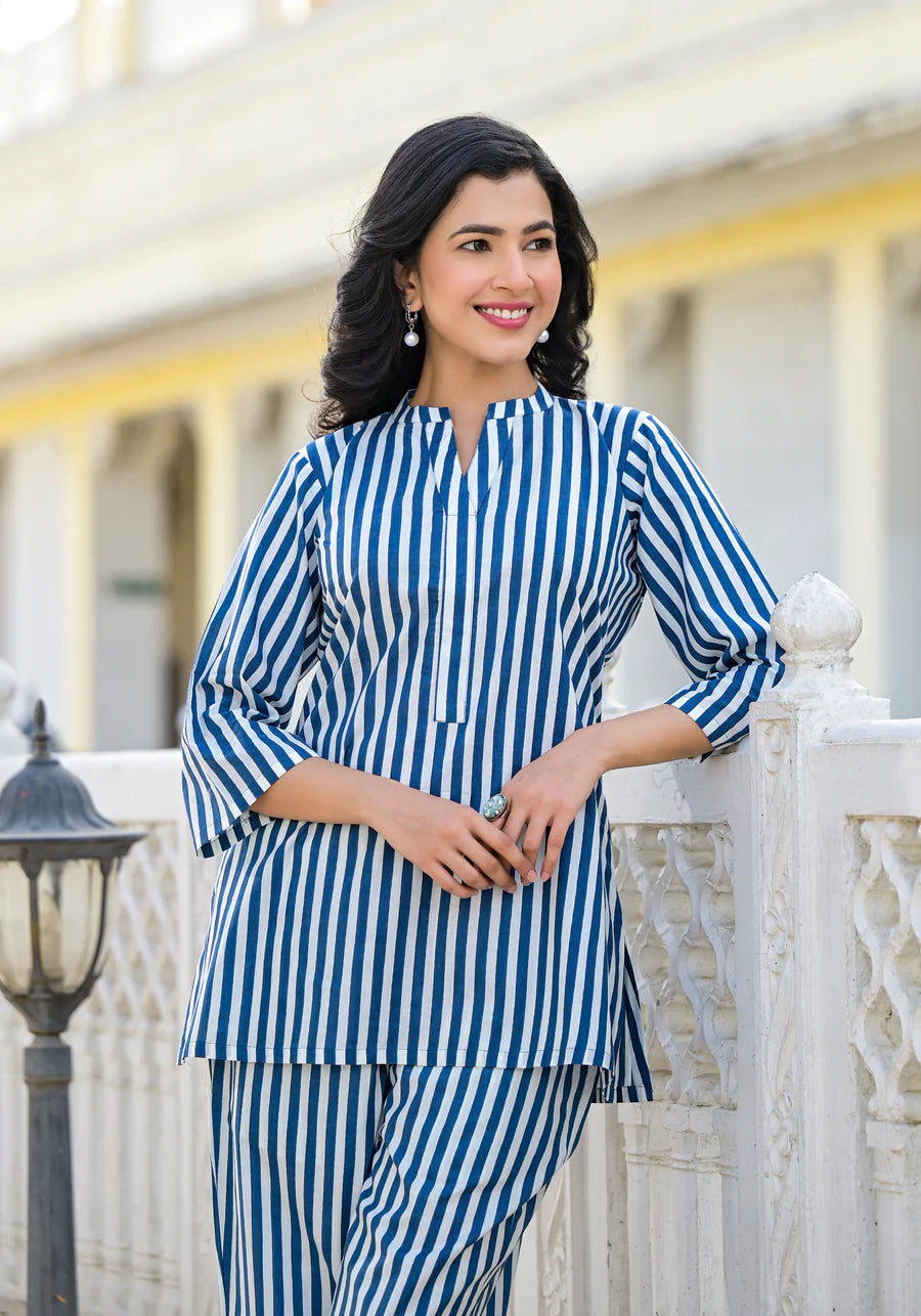 Stylish Blue & White Striped Kurta Set with Pants