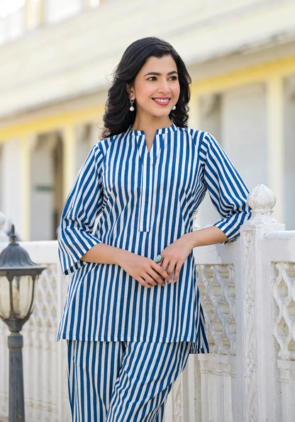 Stylish Blue & White Striped Kurta Set with Pants