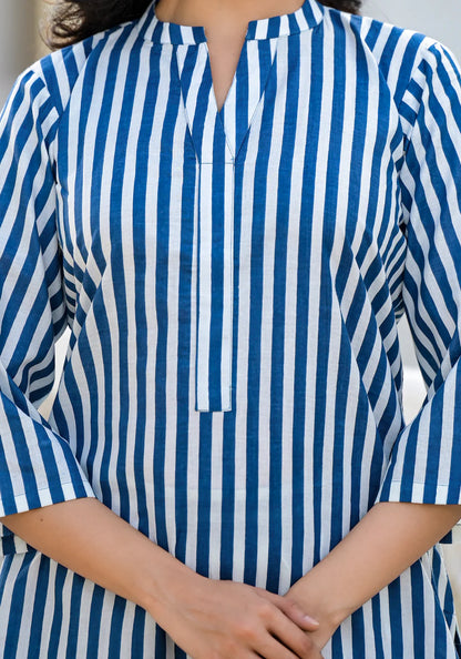 Stylish Blue & White Striped Kurta Set with Pants