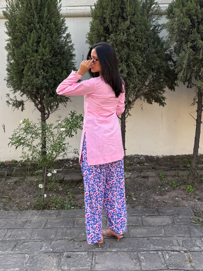 Mono- Pink Solid Kurti with Blue Floral Printed Pants