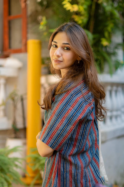 Indu- Ajrakh Indigo Red Stripe Shirt Kurti