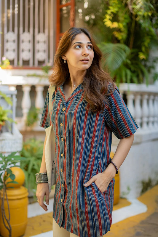 Indu- Ajrakh Indigo Red Stripe Shirt Kurti