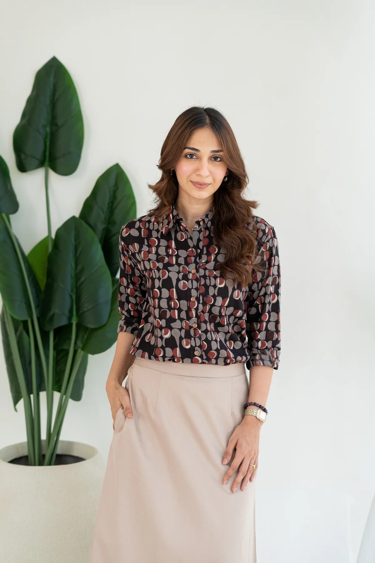 Mid- Abstract Pattern Block Print Cotton Shirt