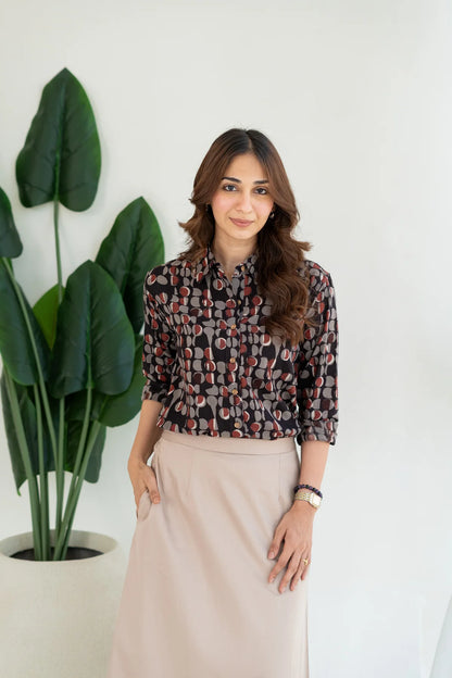 Mid- Abstract Pattern Block Print Cotton Shirt