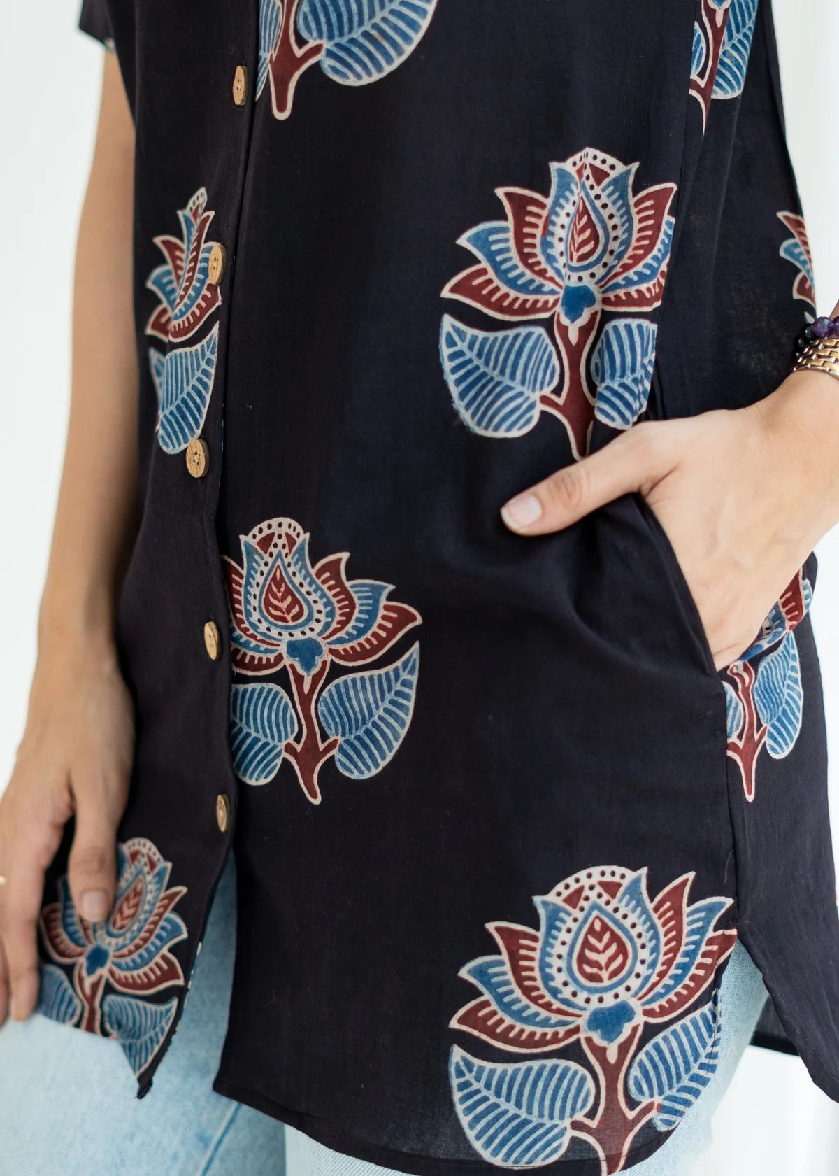 Rooh- Ajrakh Black Floral Handblock Cotton Shirt Kurti