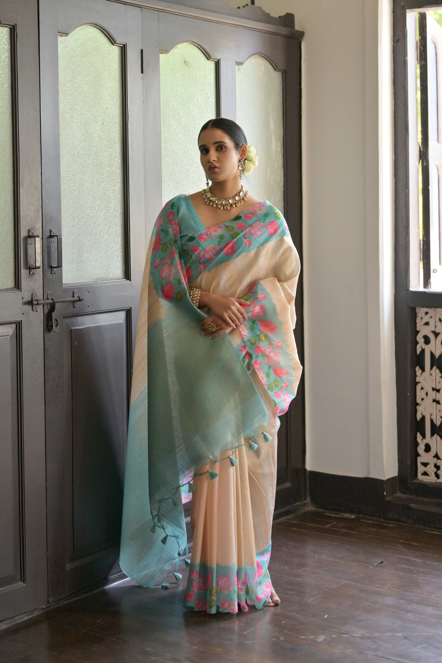 Gulabo- Floral printed Muga saree with printed border