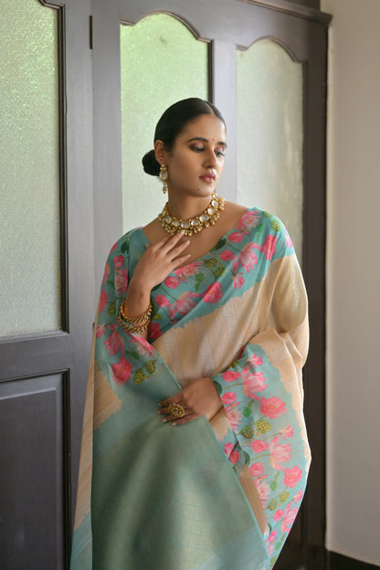 Gulabo- Floral printed Muga saree with printed border