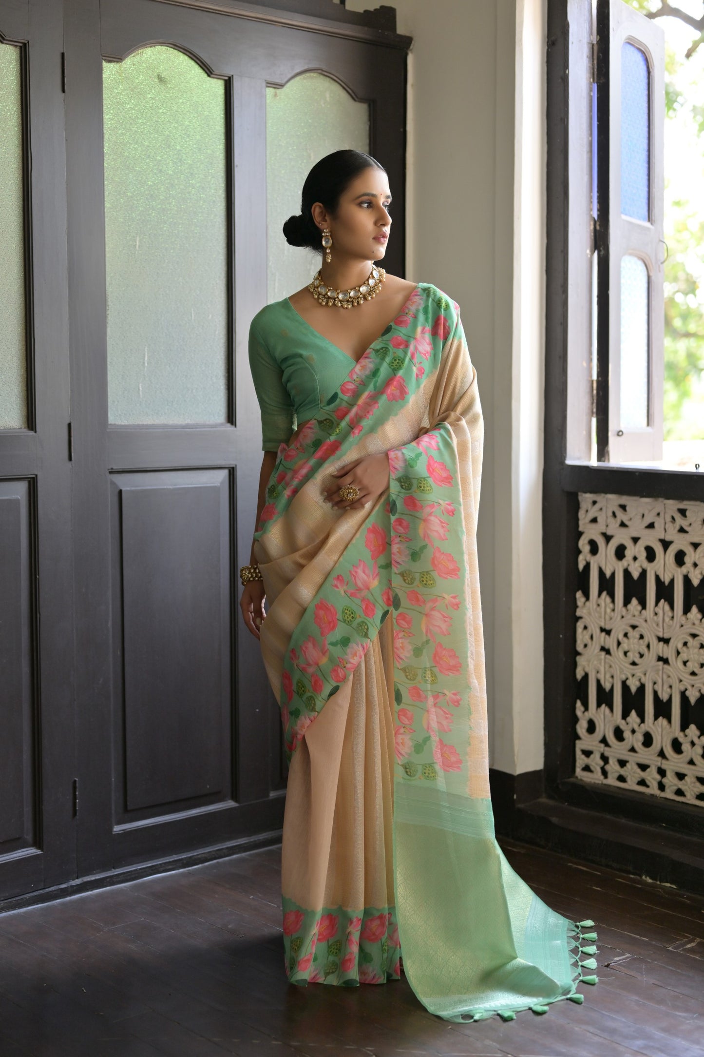 Gulabo- Floral printed Muga saree with printed border