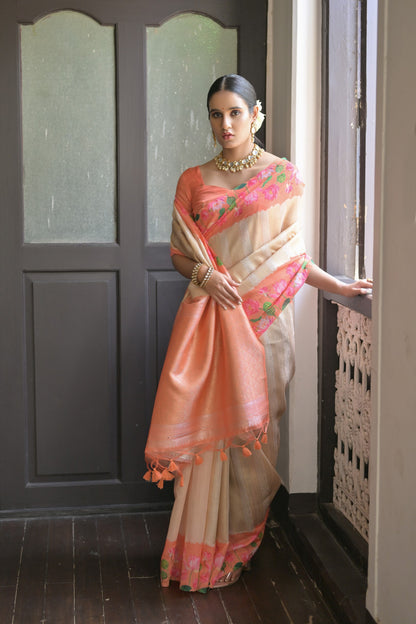 Gulabo- Floral printed Muga saree with printed border