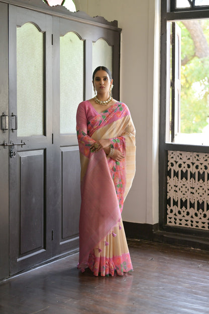 Gulabo- Floral printed Muga saree with printed border
