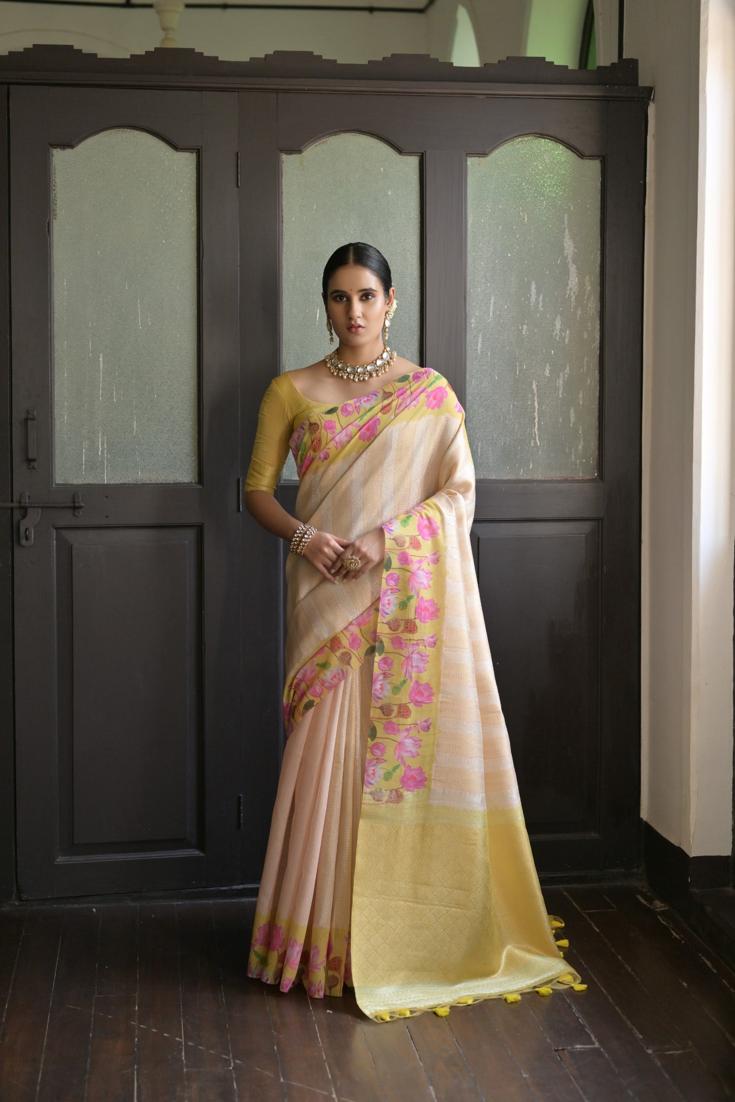 Gulabo- Floral printed Muga saree with printed border