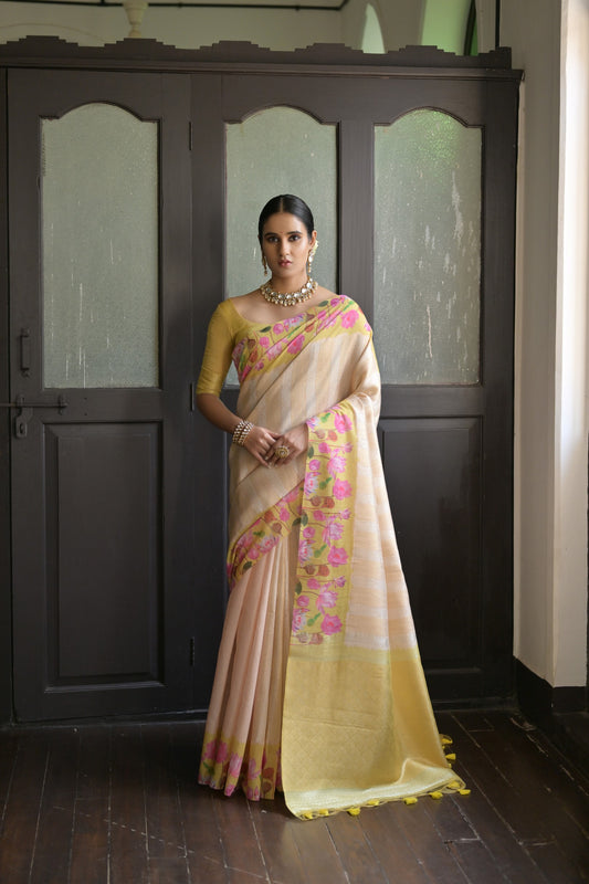 Gulabo- Floral printed Muga saree with printed border