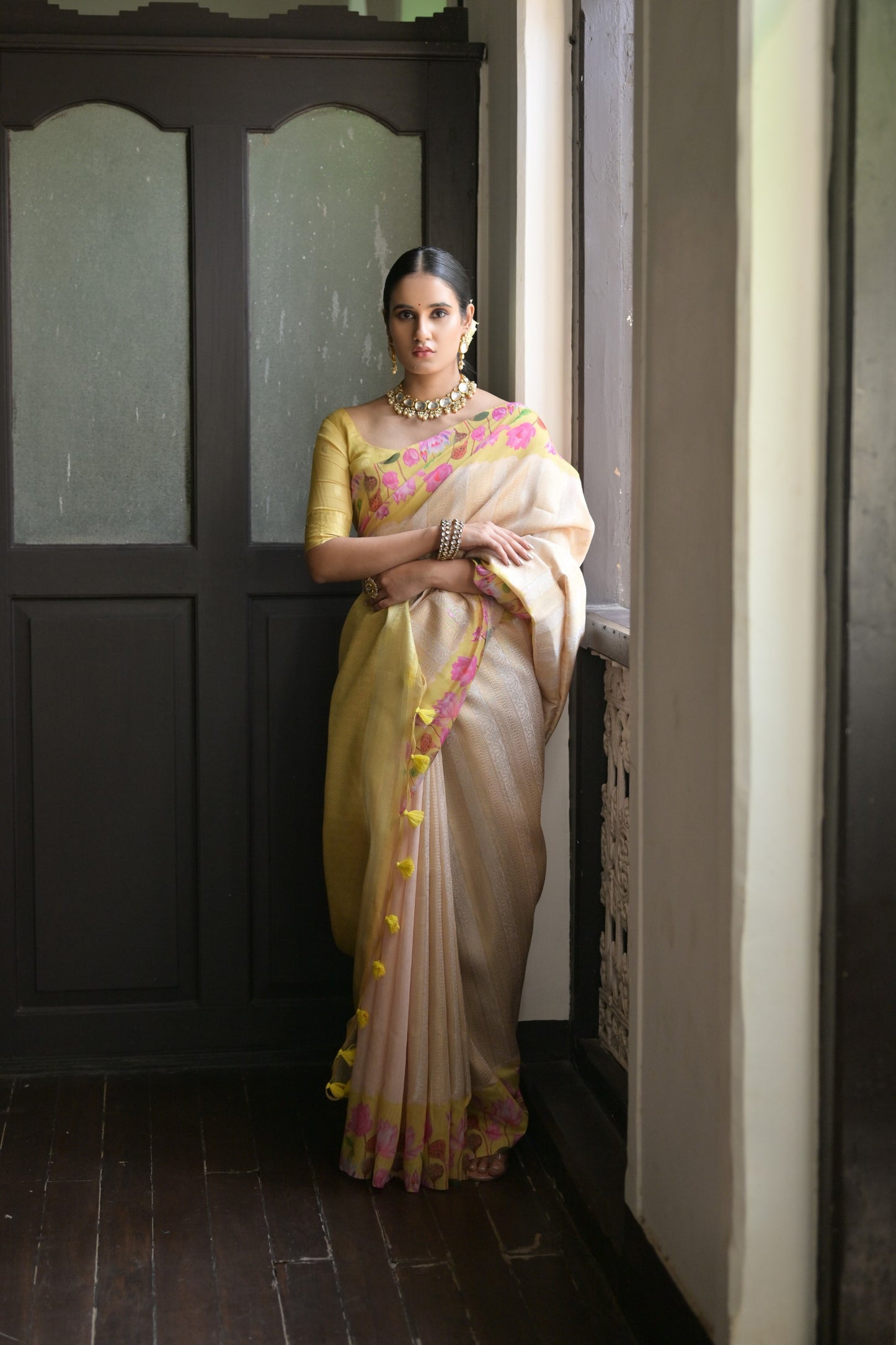 Gulabo- Floral printed Muga saree with printed border