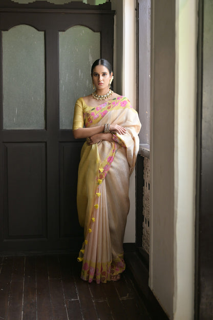 Gulabo- Floral printed Muga saree with printed border
