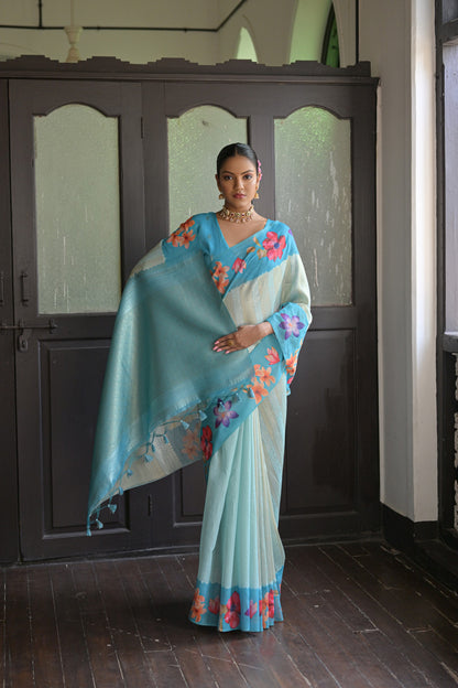 Shibori- Turquoise Silk saree ,tussar saree