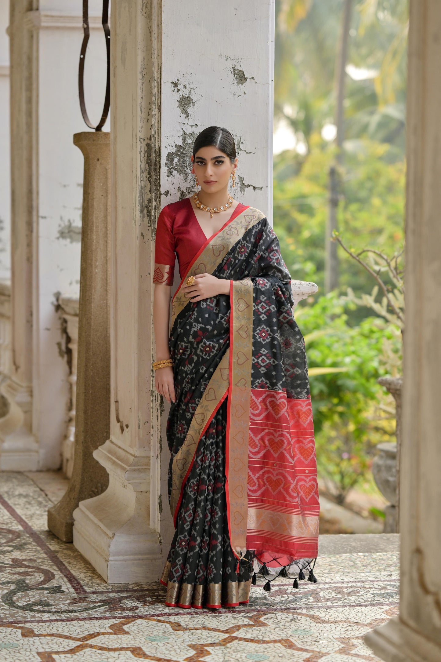 Sundari- Ikat Print Silk Blend Saree with Heart Motif Zari Border
