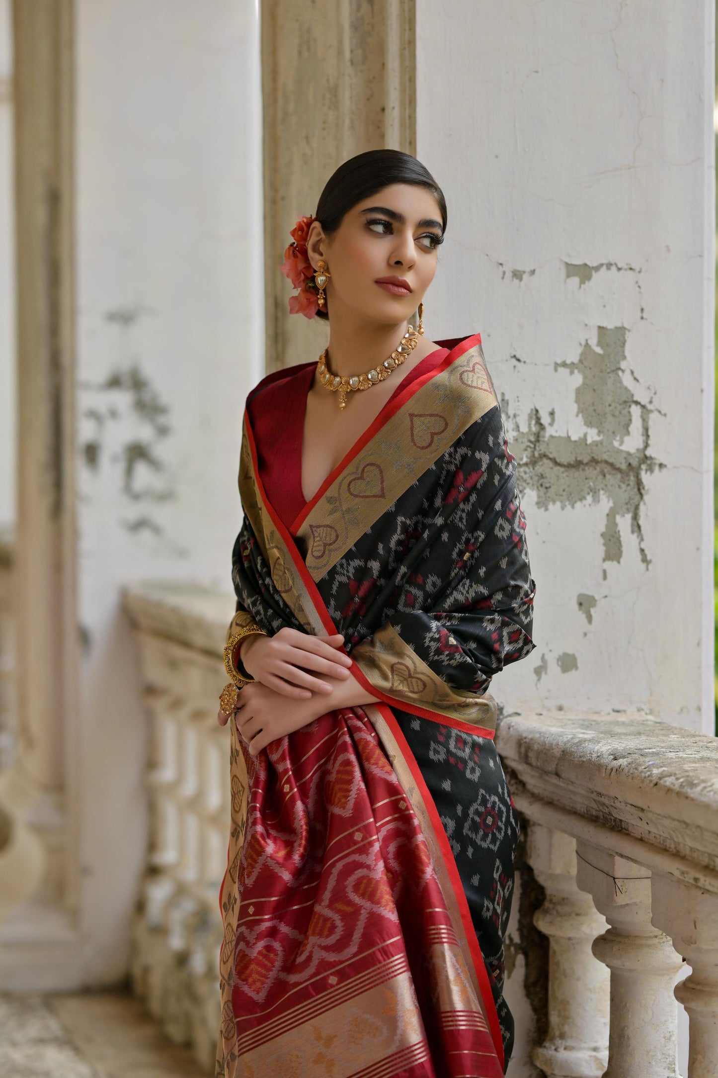 Sundari- Ikat Print Silk Blend Saree with Heart Motif Zari Border