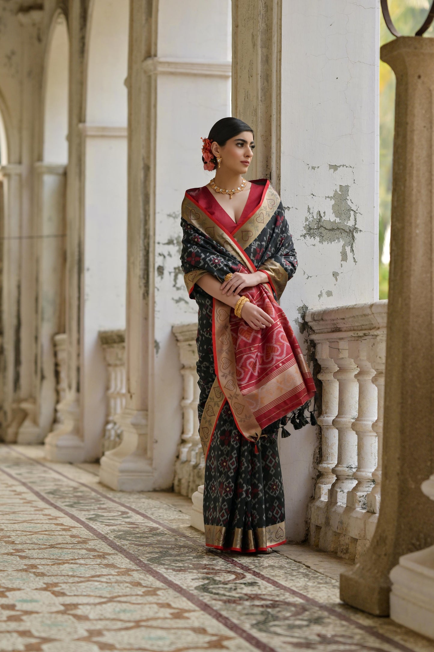 Sundari- Ikat Print Silk Blend Saree with Heart Motif Zari Border