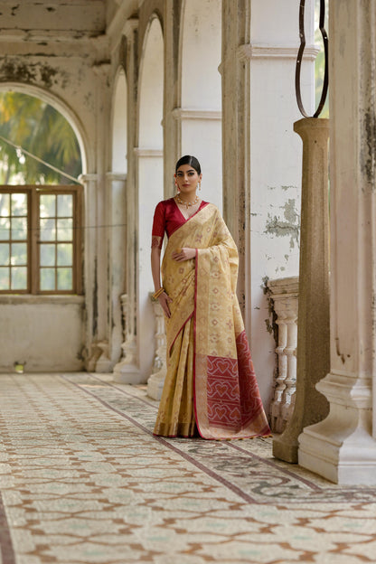Sundari- Ikat Print Silk Blend Saree with Heart Motif Zari Border