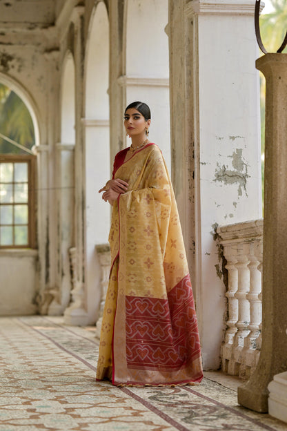 Sundari- Ikat Print Silk Blend Saree with Heart Motif Zari Border