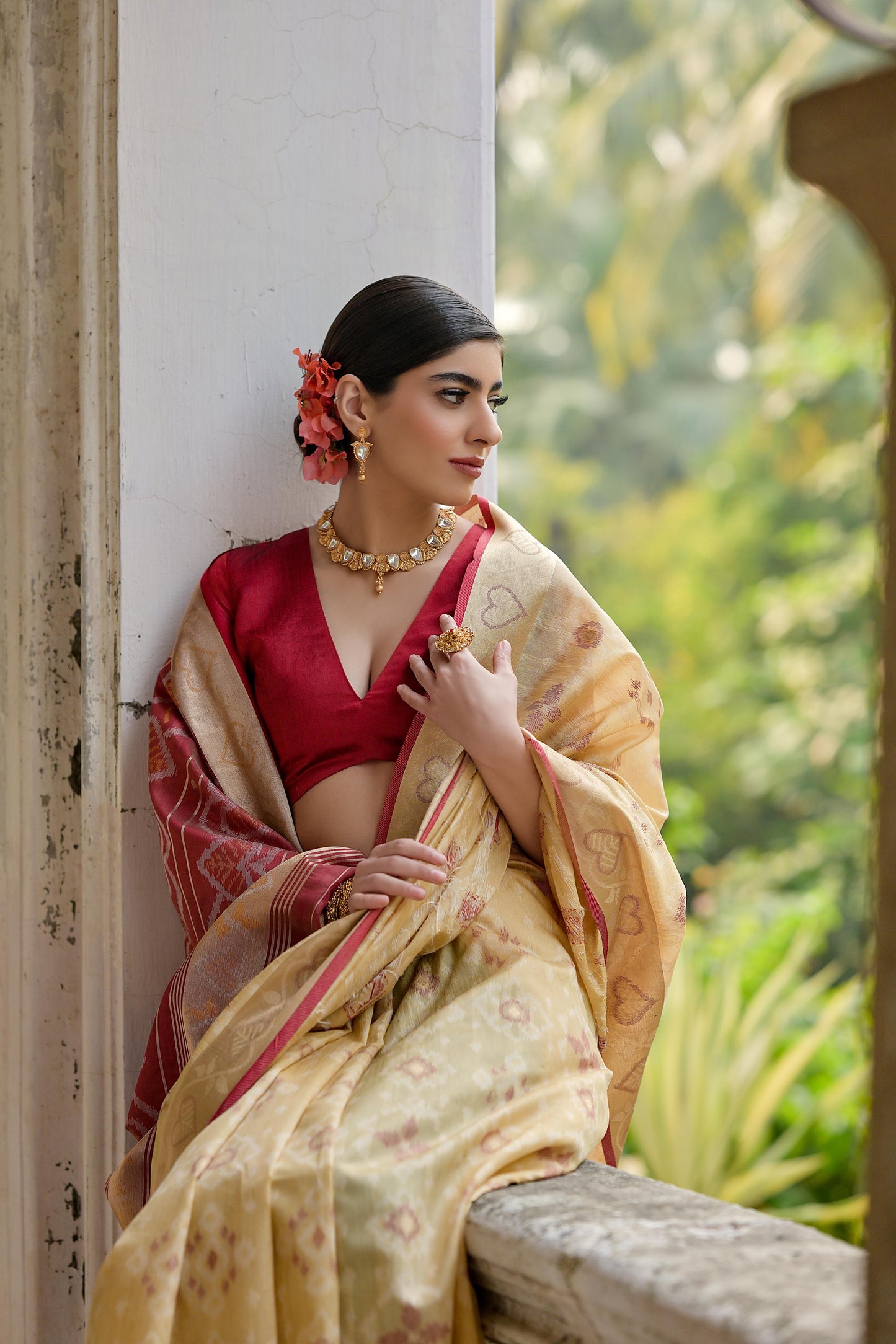 Sundari- Ikat Print Silk Blend Saree with Heart Motif Zari Border