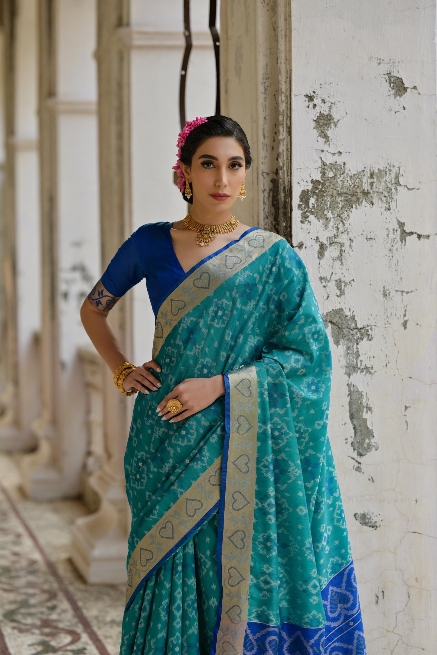 Sundari- Ikat Print Silk Blend Saree with Heart Motif Zari Border