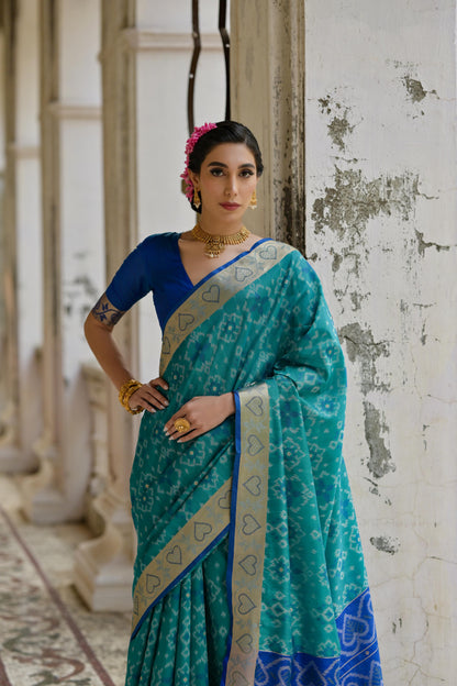Sundari- Ikat Print Silk Blend Saree with Heart Motif Zari Border