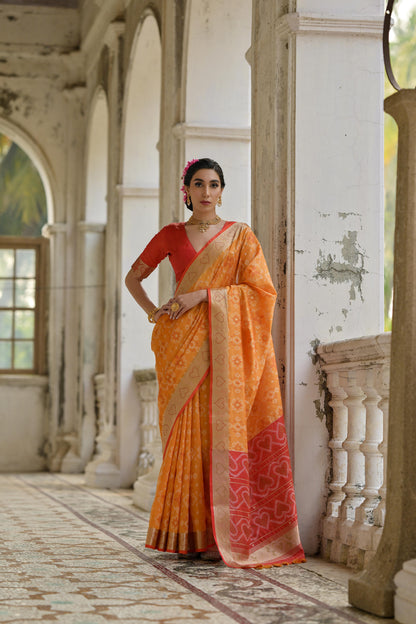 Sundari- Ikat Print Silk Blend Saree with Heart Motif Zari Border