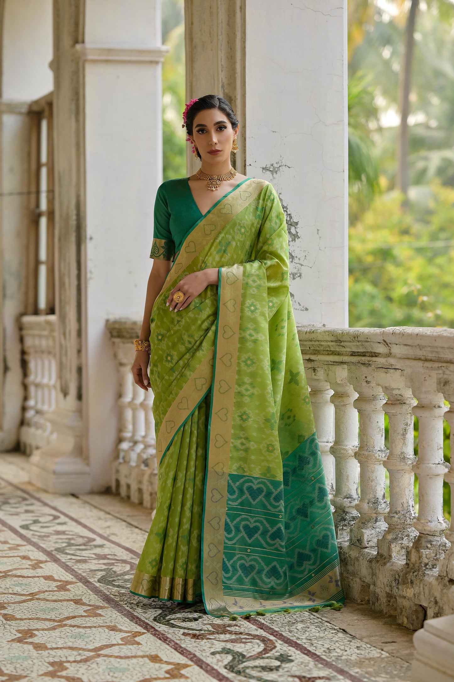 Sundari- Ikat Print Silk Blend Saree with Heart Motif Zari Border